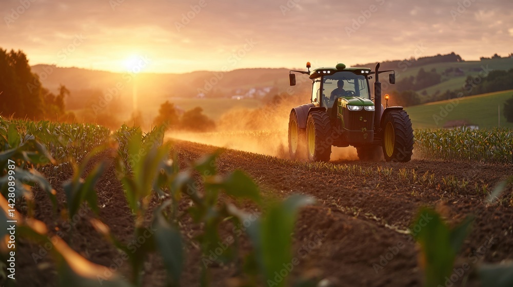 Fototapeta premium Tractor moving through cornfield, pesticide mist trailing behind, symbolizing crop care and growth