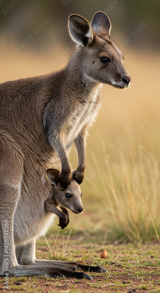 Fototapeta premium Kangaroos Standing with Joey in Pouch Looking into Distance