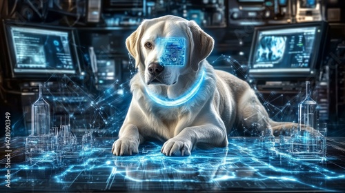 A high-tech collar is used on a futuristic pet to automatically dispense small doses of medication and manage its ongoing health issues