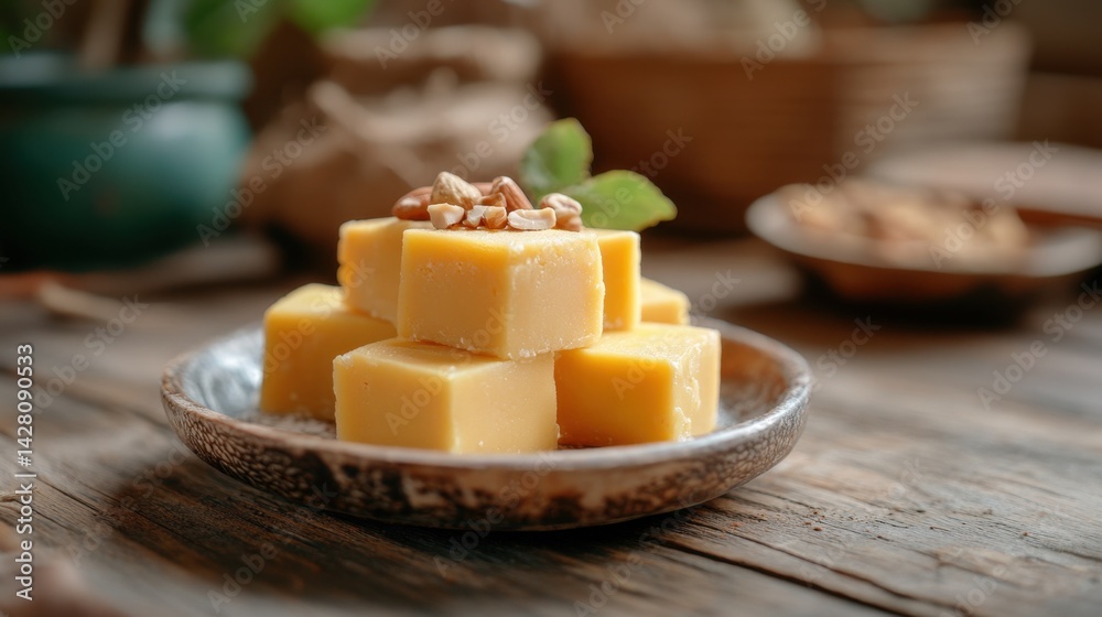 Traditional mango burfi with nuts and saffron, served on old-fashioned plate over natural wooden surface Traditional mango burfi with nuts and saffron, served on old-fashioned plate over natural wooden surface