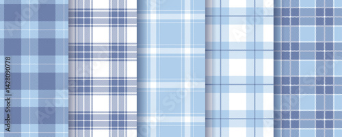 Plaid seamless pattern. Tartan background. Set gingham fabric prints. Check shirt cloth. Classic flannel textures. Geometric checkered backdrop. Blue purple lumberjack tablecloth. Vector illustration
