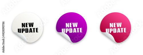 set of three vector stickers new update in different colors with shadow on a white background stickers with peeled edge