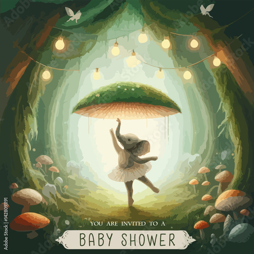 Magic template for children's Baby Shower party watercolor illustration elephant ballerina in a magical forest.