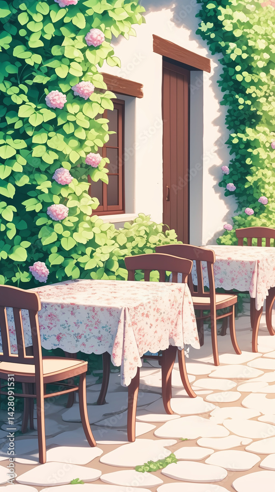 Obraz premium Charming Outdoor Cafe with Hydrangeas