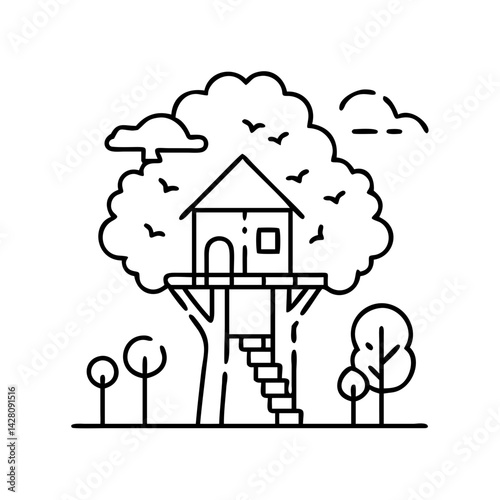 treehouse icon, treehouse line art - simple line art of treehouse, perfect for treehouse logos and icons