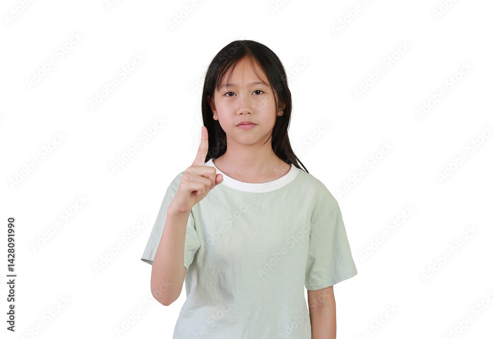 Peaceful Asian girl child show one forefinger and look straight at camera isolated on white studio background.