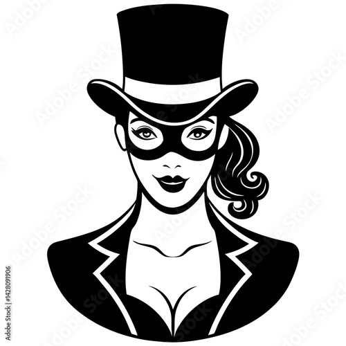 Woman with top hat and mask silhouette vector
