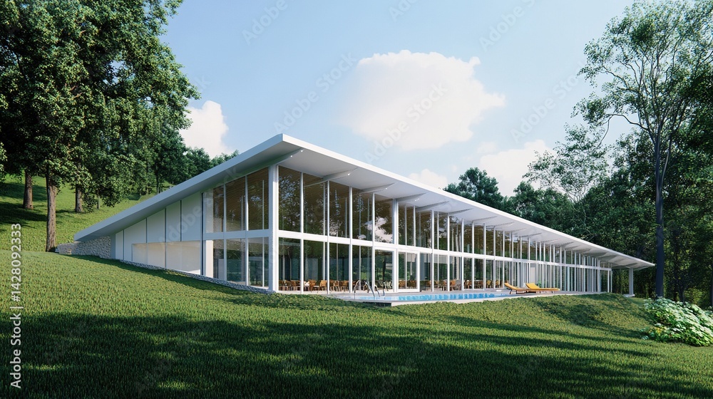Fototapeta premium Modern minimalist villa with white architectural walls and panoramic glass windows overlooking outdoor infinity swimming pool surrounded by lush tropical greenery under clear blue sky.
