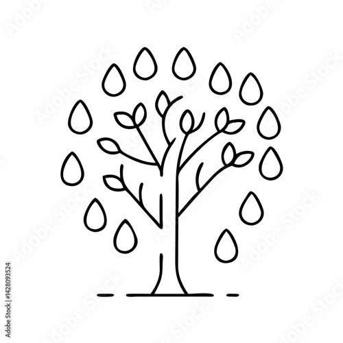 tree with raindrops icon, tree with raindrops line art - simple line art of tree with raindrops, perfect for tree with raindrops logos and icons