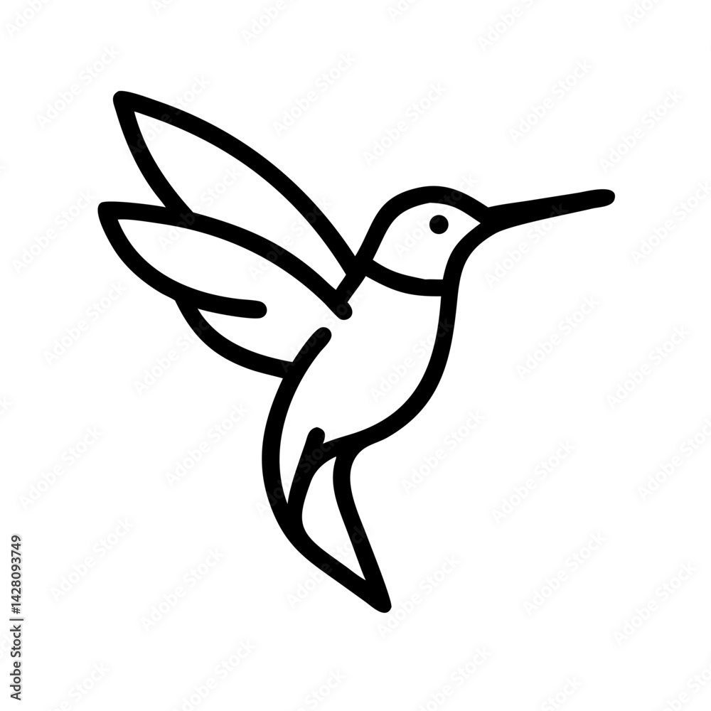 Obraz premium Elegant Line Art Illustration of a Hummingbird in Flight. A stylized, black outline vector graphic of a hummingbird in mid-flight.