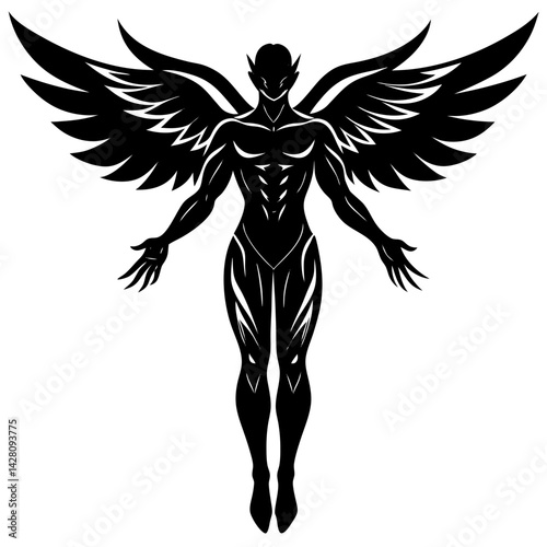 Silhouette of winged humanoid with arms out