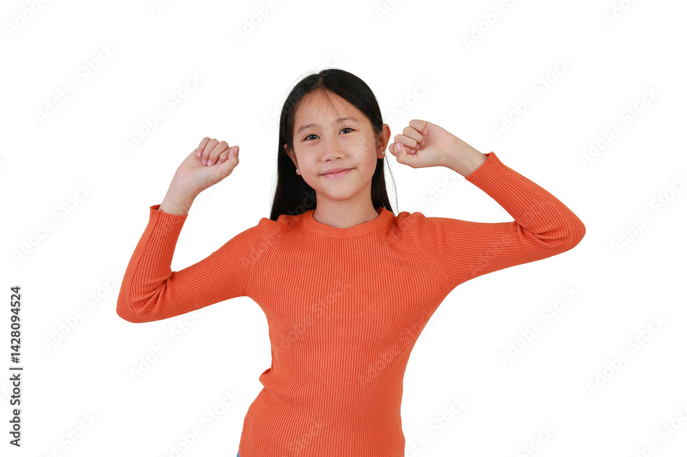 Asian girl celebrating make cheer, dancing or enjoy gesture isolated on white studio background. Confident child hands up raised arms.