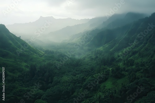 vibrant color image of beautiful wide shot of mountains in kauai hawaii