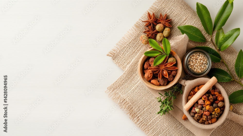 custom made wallpaper toronto digitalNatural Herbal Ingredients in Rustic Bowls on Linen Background