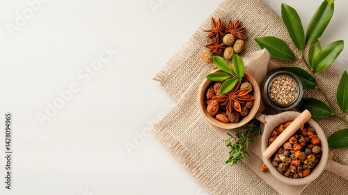 Wallpaper Mural Natural Herbal Ingredients in Rustic Bowls on Linen Background Torontodigital.ca