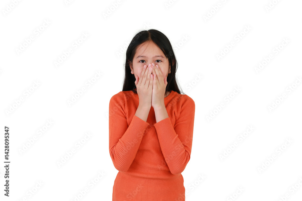 Portrait of Asian girl child covering her mouth and nose with hands isolated on white studio background.