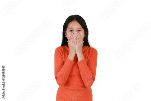Obraz na płótnie Portrait of Asian girl child covering her mouth and nose with hands isolated on white studio background. w salonie