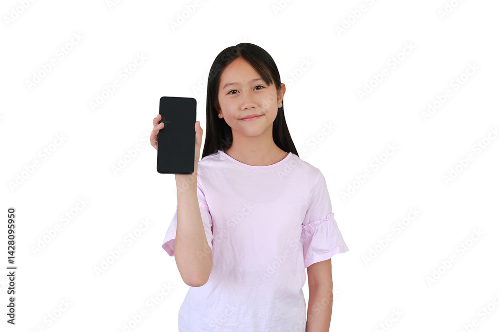 Asian girl child showing smartphone blank white screen and looking at camera isolated on white background.