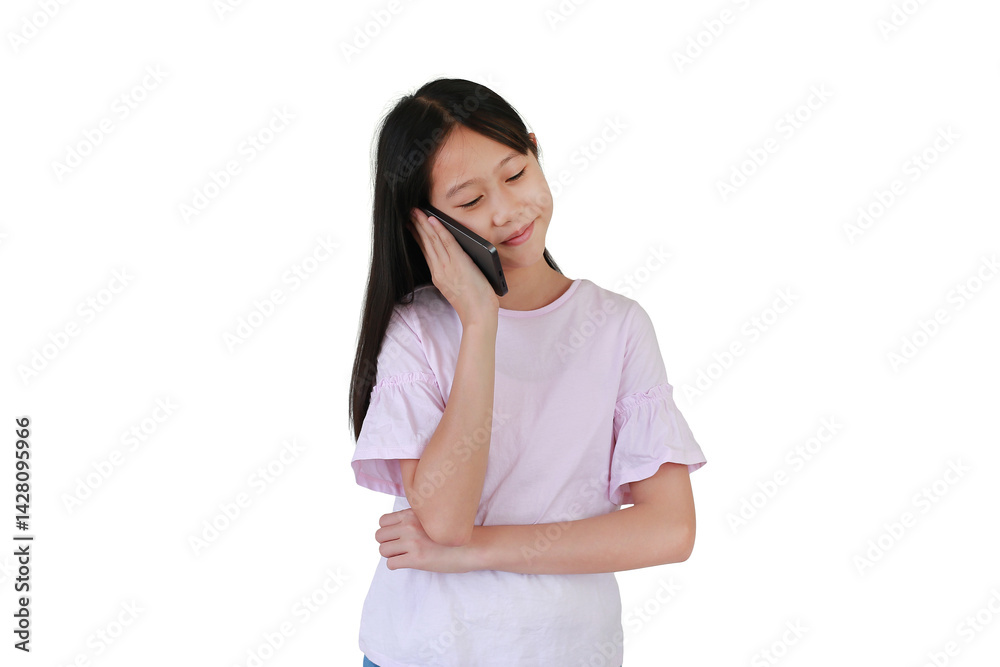 Portrait of Asian girl child talking on the mobile phone on white background.