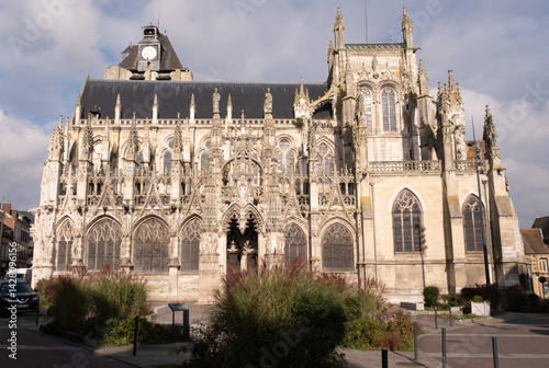 Gothic architecture design. Church façade.
Eglise Notre Dame De Louviers, France.