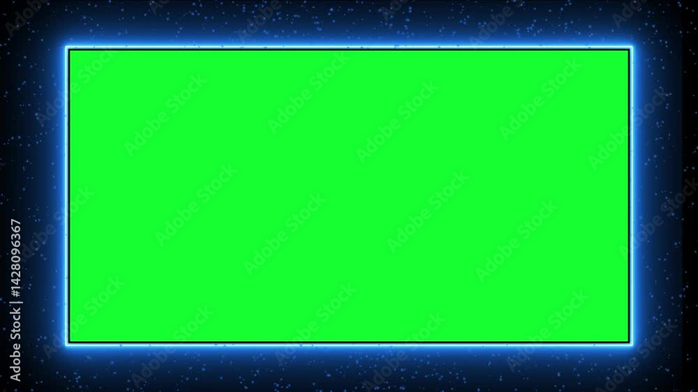 Green square surrounded by blue neon and particles effect on black background, suitable for profile frame or product frame.