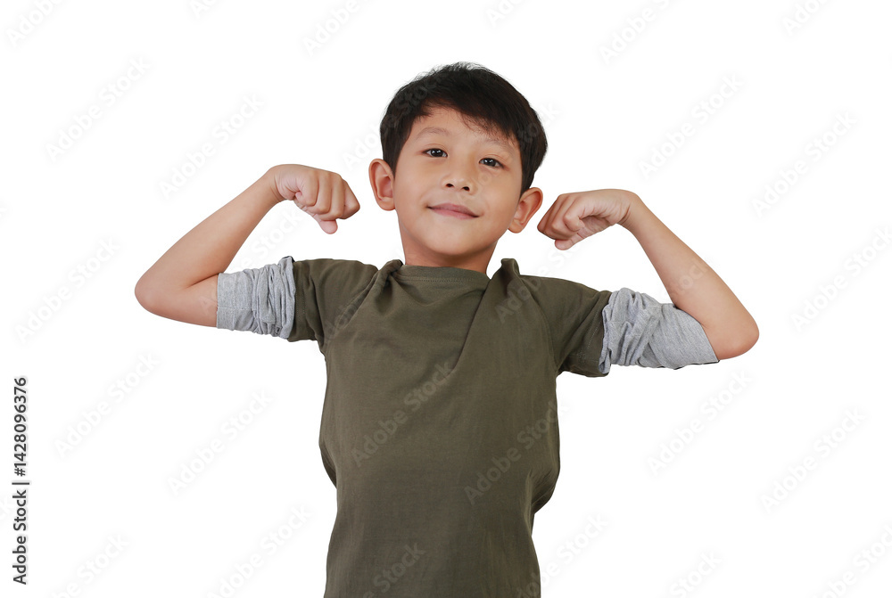 Portrait of smiling Asian boy child show muscles and biceps isolated on white background.