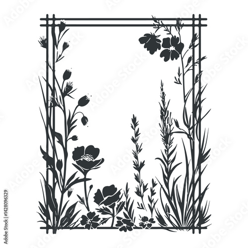 Vector linocut floral frame poster template. Modern trendy minimal style. Black and white colors. Botanical blockprint. Hand drawn design for wallpaper, wall decor, print, postcard, cover, template.