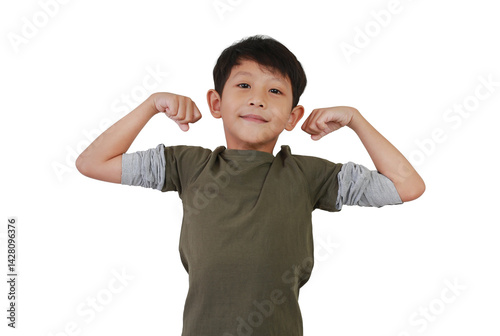 Obraz na płótnie Portrait of smiling Asian boy child show muscles and biceps isolated on white background. w salonie