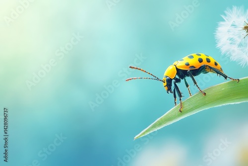 Vibrant yellow and black insect on a blade of grass. photo