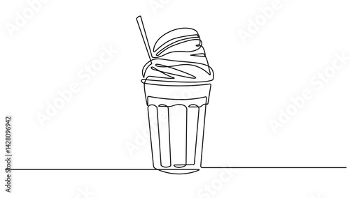 Milk Cocktail Glass One Line Drawing. Drink Glass Abstract Minimal Simple Linear Drawing. Drink Concept Continuous One Line Illustration. Modern Trendy Contour Drawing. Vector EPS 10.