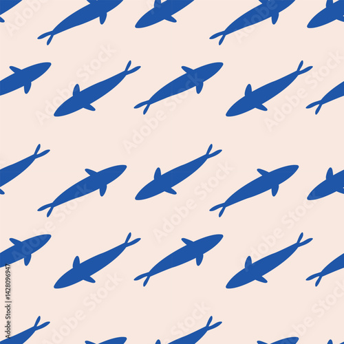 Seamless Pattern of Blue Shark Silhouettes on Beige. Blue shark silhouettes on a light beige background. The repetitive design is ideal for ocean themed projects and textiles