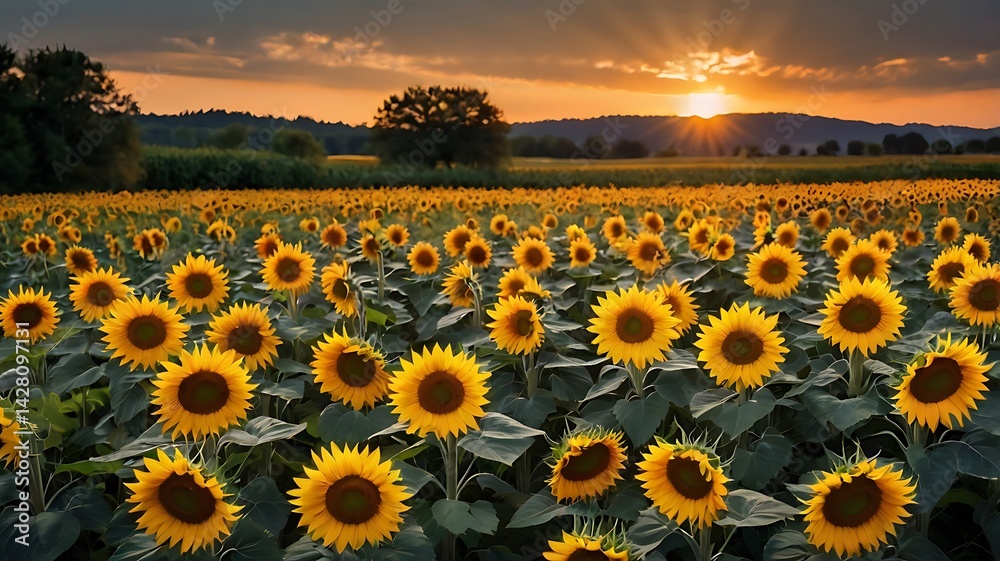 Obraz premium Golden sunflower field at sunset in the countryside with dramatic sky