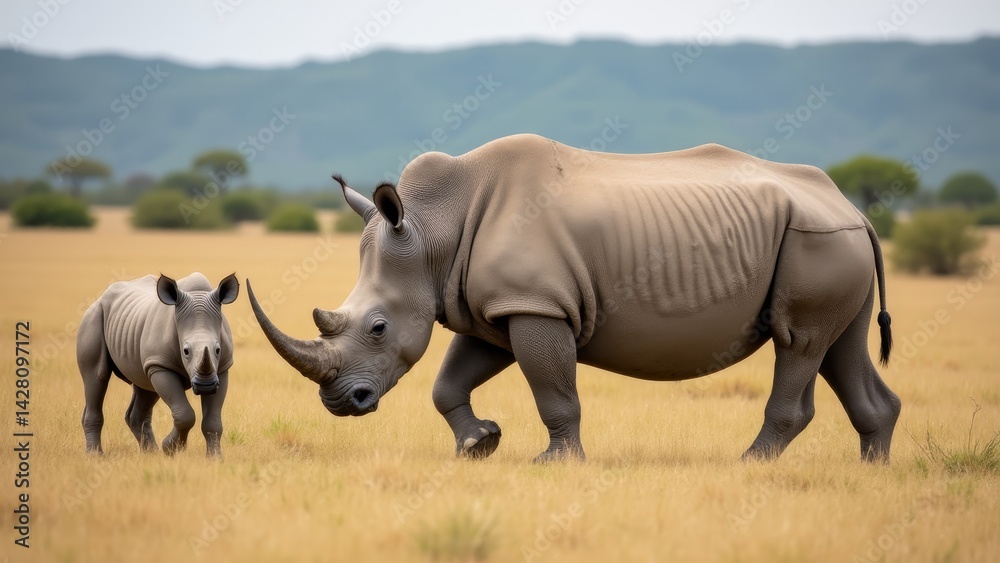 Obraz premium Rhino Mother And Calf Walking Together