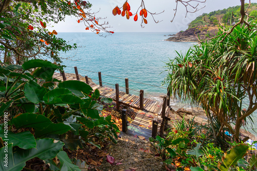 Wooden walkways along the coast of Thailand Koh Chang Island