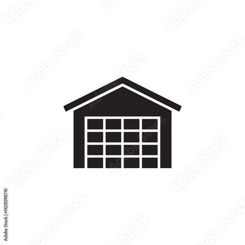 Black and White Icon of a Residential Garage with a Large Panel Door Representing Parking, Storage, Editable Vector Illustration Isolated on a White Background