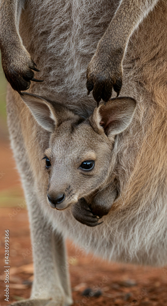Fototapeta premium Baby Kangaroo in Pouch Looking Out Adorably at the Viewer