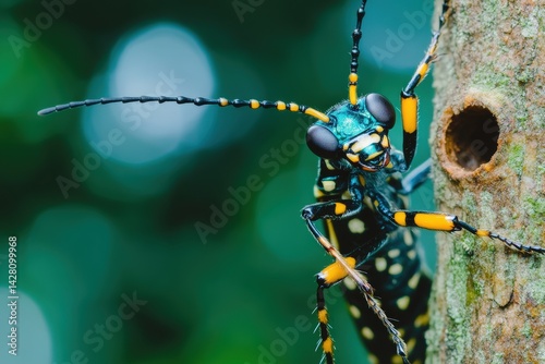 Close-up of a vibrant, patterned insect on a tree branch. photo