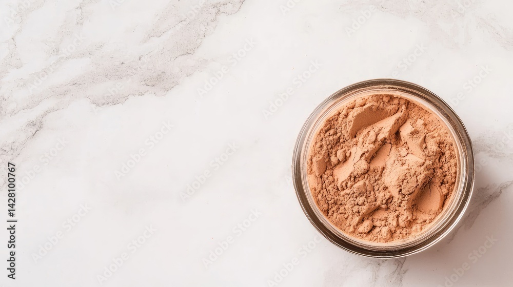 Natural Makeup Powder in Transparent Jar on Elegant Marble Surface Natural Makeup Powder in Transparent Jar on Elegant Marble Surface