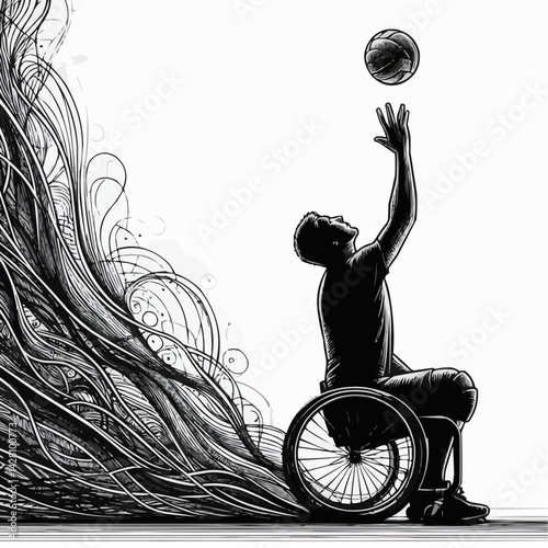 Abstract art of a disabled athlete in a wheelchair playing volleyball with dynamic movement design