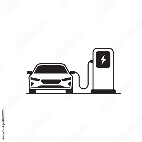 Black and White Icon of an Electric Car Plugged into a Charging Station with Lightning Bolt Symbol Representing Sustainable Mobility, Editable Vector Illustration Isolated on a White Background