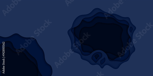 Paper cut topography relief imitation, blue colors multi layers banner. Abstract water flowing liquid texture art design, origami paper cut layer smooth shape vector illustration.