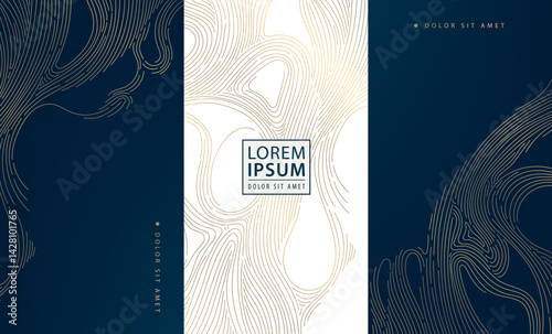 Vector set of gold wave background design, abstract luxury line art templates. Wine premium art deco package, chocolate, menu patterns, fancy vip graphic