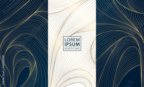 Vector set of gold wave background design, abstract luxury line art templates. Wine premium art deco package, chocolate, menu patterns, fancy vip graphic