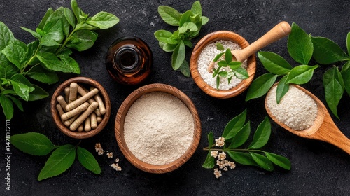 Wallpaper Mural Herb and Spice Ingredients on Dark Background with Wooden Bowls Torontodigital.ca