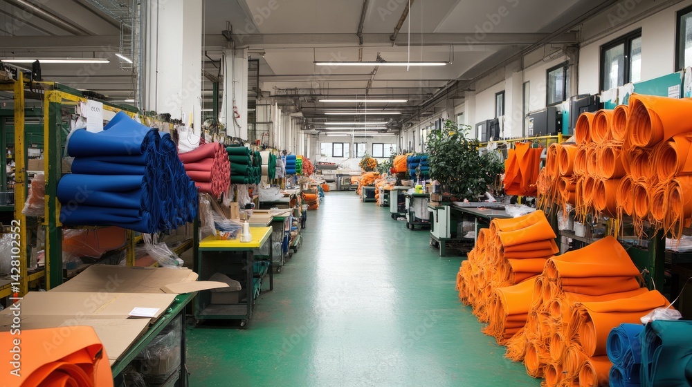 Brightly lit factory space with latex and thread production materials