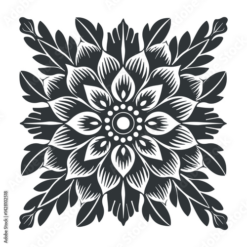Vector abstract linocut floral poster template. Modern trendy minimal style. Black and white colors. Botanical blockprint. Mandala design for wallpaper, wall decor, print, postcard, cover, template.