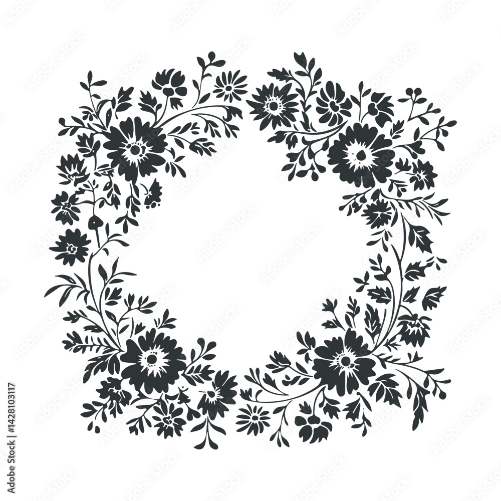 custom made wallpaper toronto digitalVector linocut floral frame poster template. Modern trendy minimal style. Black and white colors. Botanical blockprint. Hand drawn design for wallpaper, wall decor, print, postcard, cover, template.