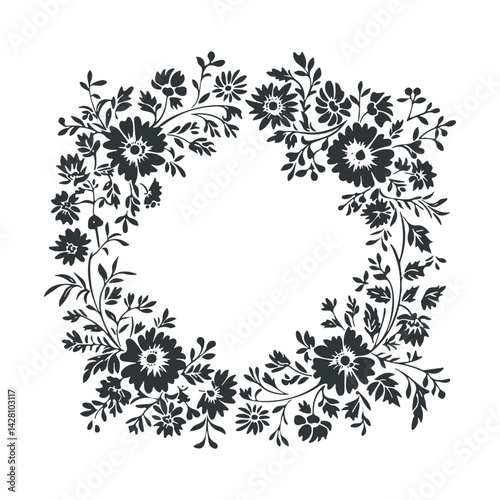 Vector linocut floral frame poster template. Modern trendy minimal style. Black and white colors. Botanical blockprint. Hand drawn design for wallpaper, wall decor, print, postcard, cover, template.