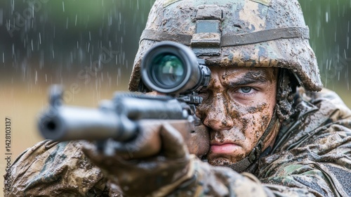 A detailed representation of a soldier equipped with advanced technology in a futuristic setting