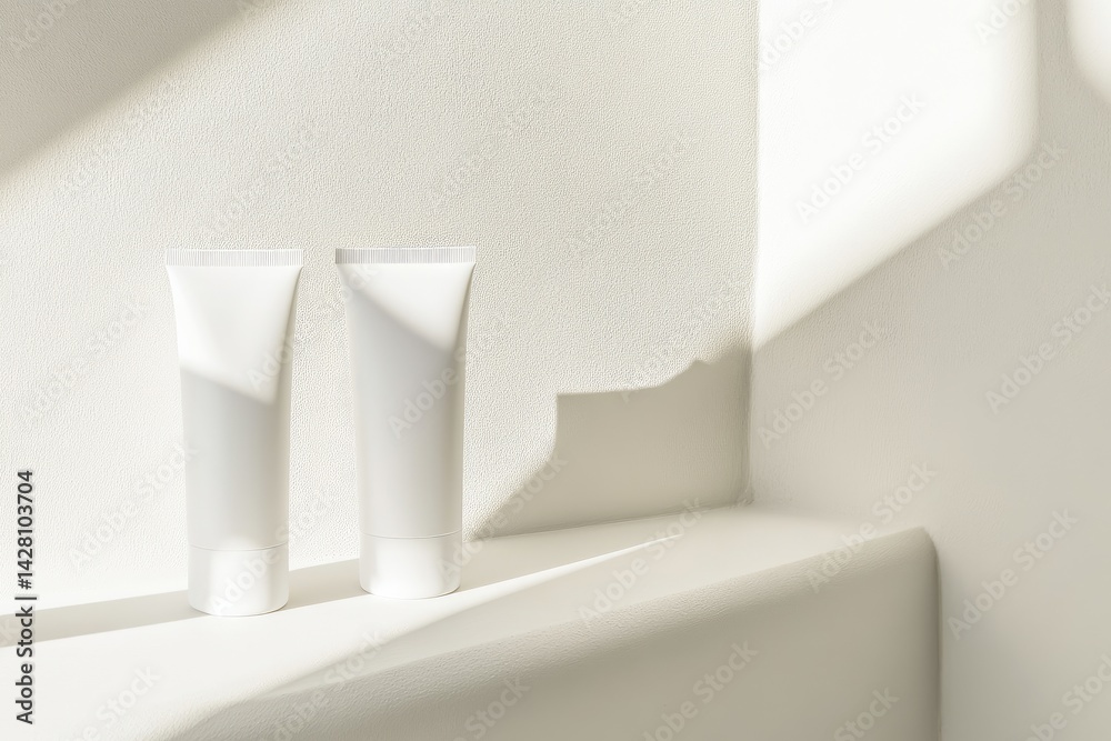 Two tubes of white cosmetic cream on a white surface, bathed in sunlight Two tubes of white cosmetic cream on a white surface, bathed in sunlight